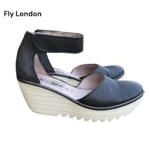 39 Fly London Yand Wedge Heel Mary Jane Black White Leather Summer Women 8 8.5